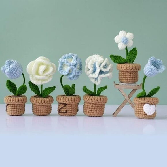 Crochet Kit For Beginners Mini Flower Pots Blue White Everything Included NEW - Picture 3 of 12